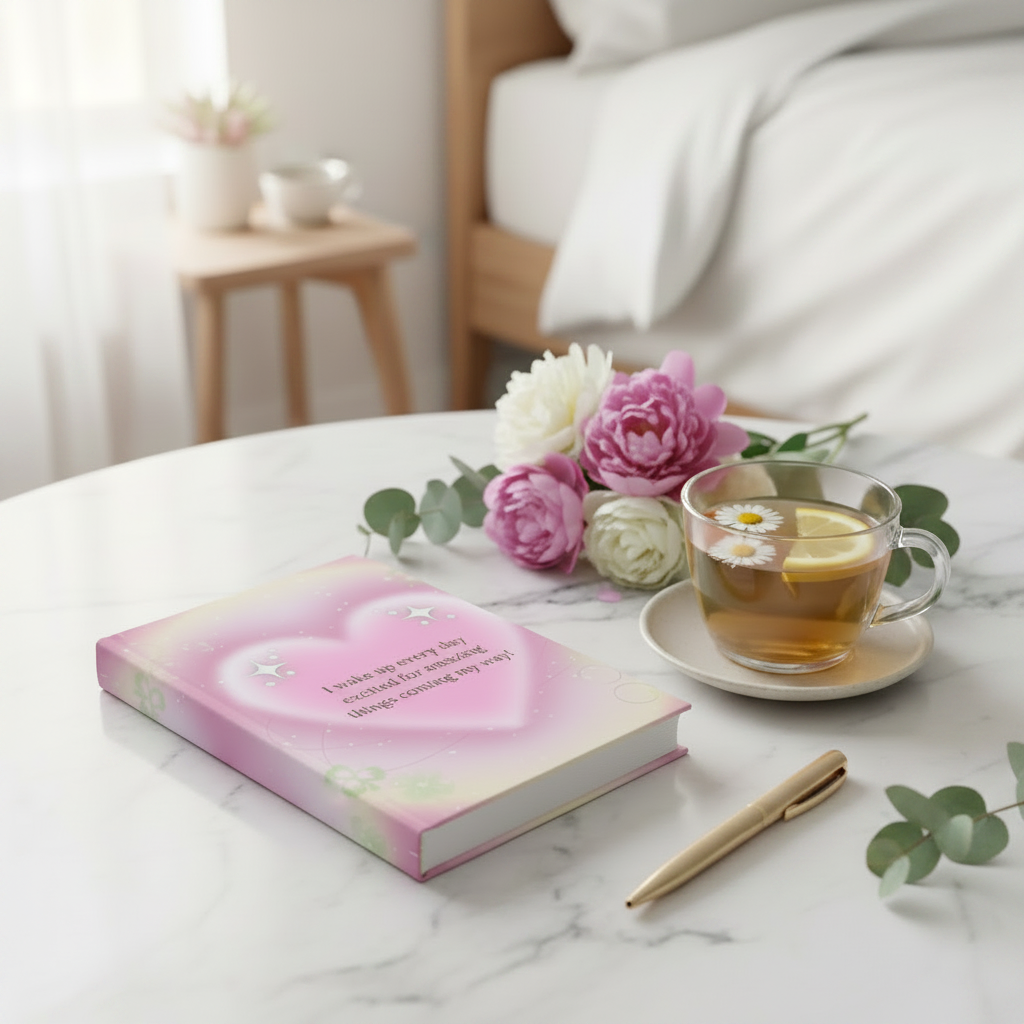 Affirmation Heart Hardcover Journal — “I wake up every day excited for amazing things coming my way!”