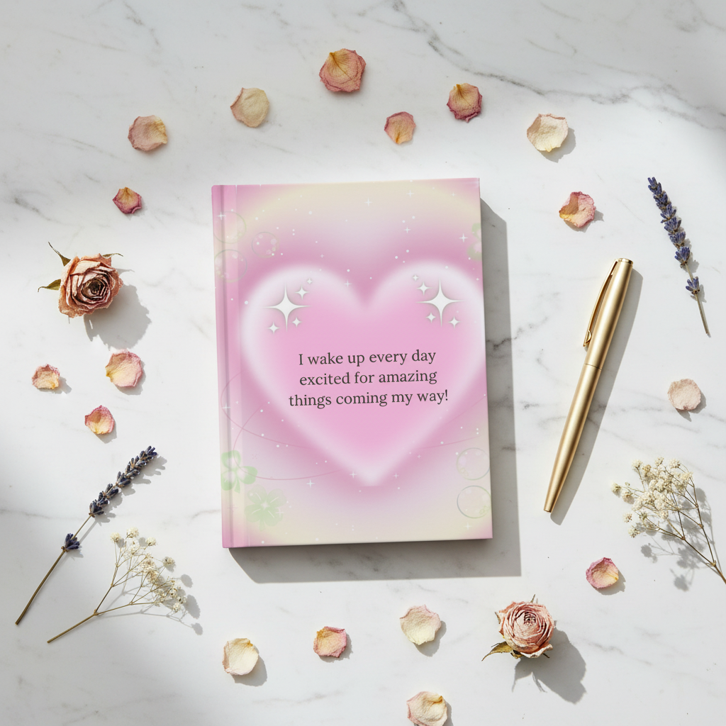 Affirmation Heart Hardcover Journal — “I wake up every day excited for amazing things coming my way!”