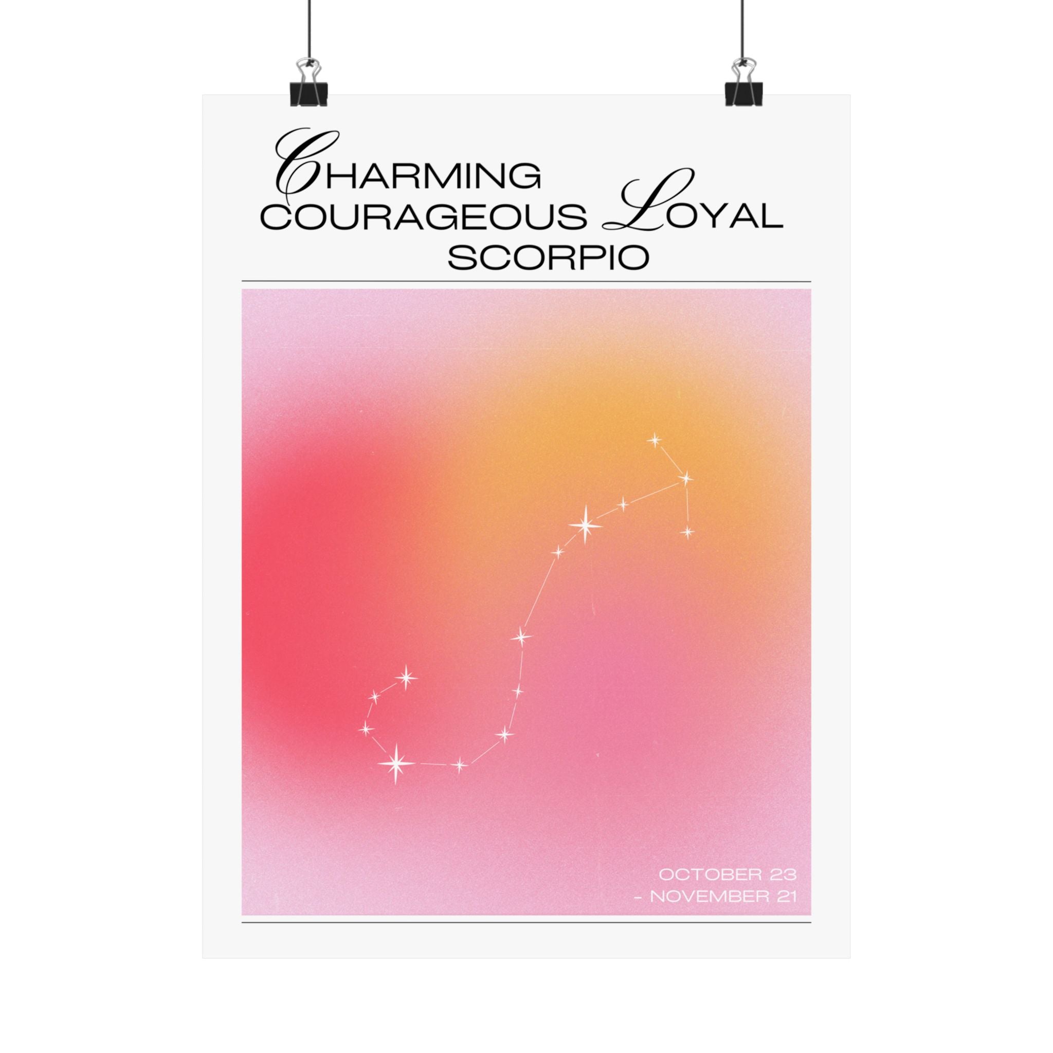 scorpio constellation matte poster — "charming courageous loyal" zodiac wall art Printify