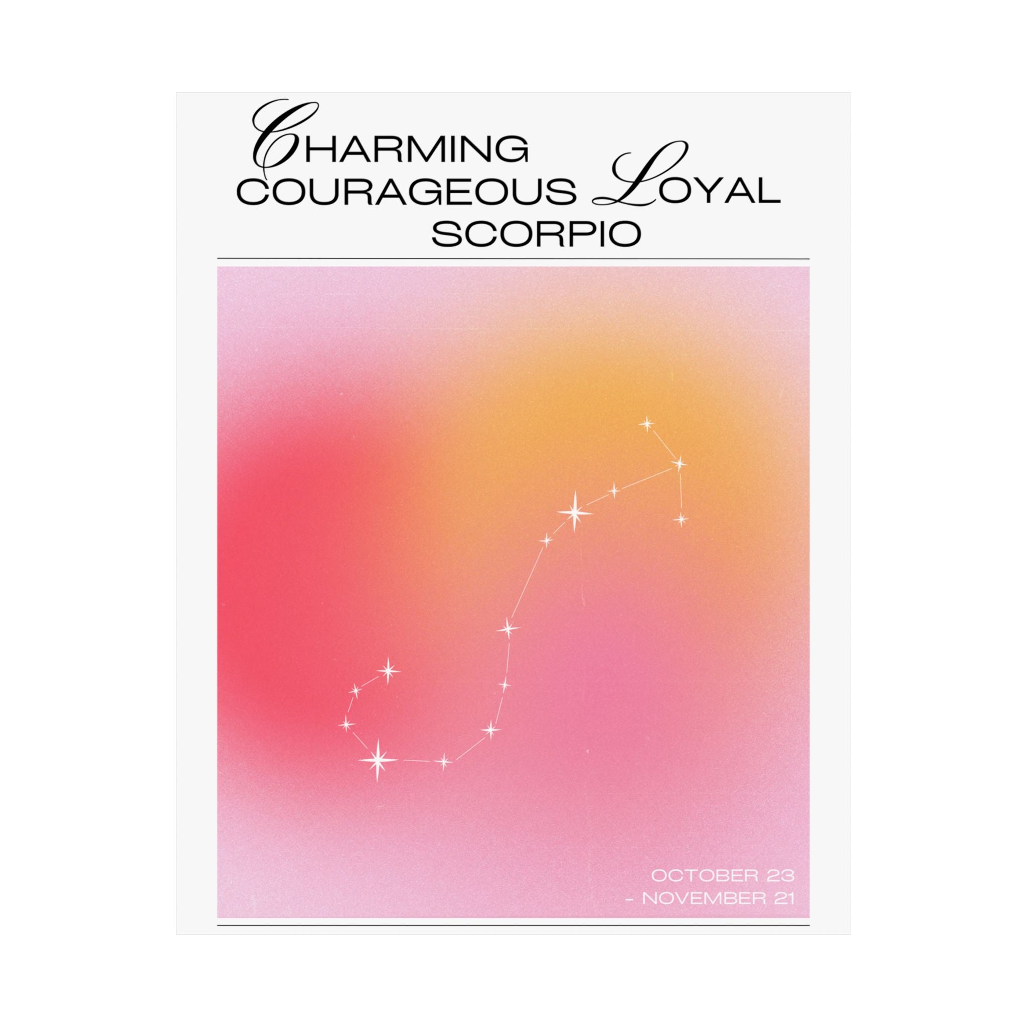 scorpio constellation matte poster — "charming courageous loyal" zodiac wall art Printify
