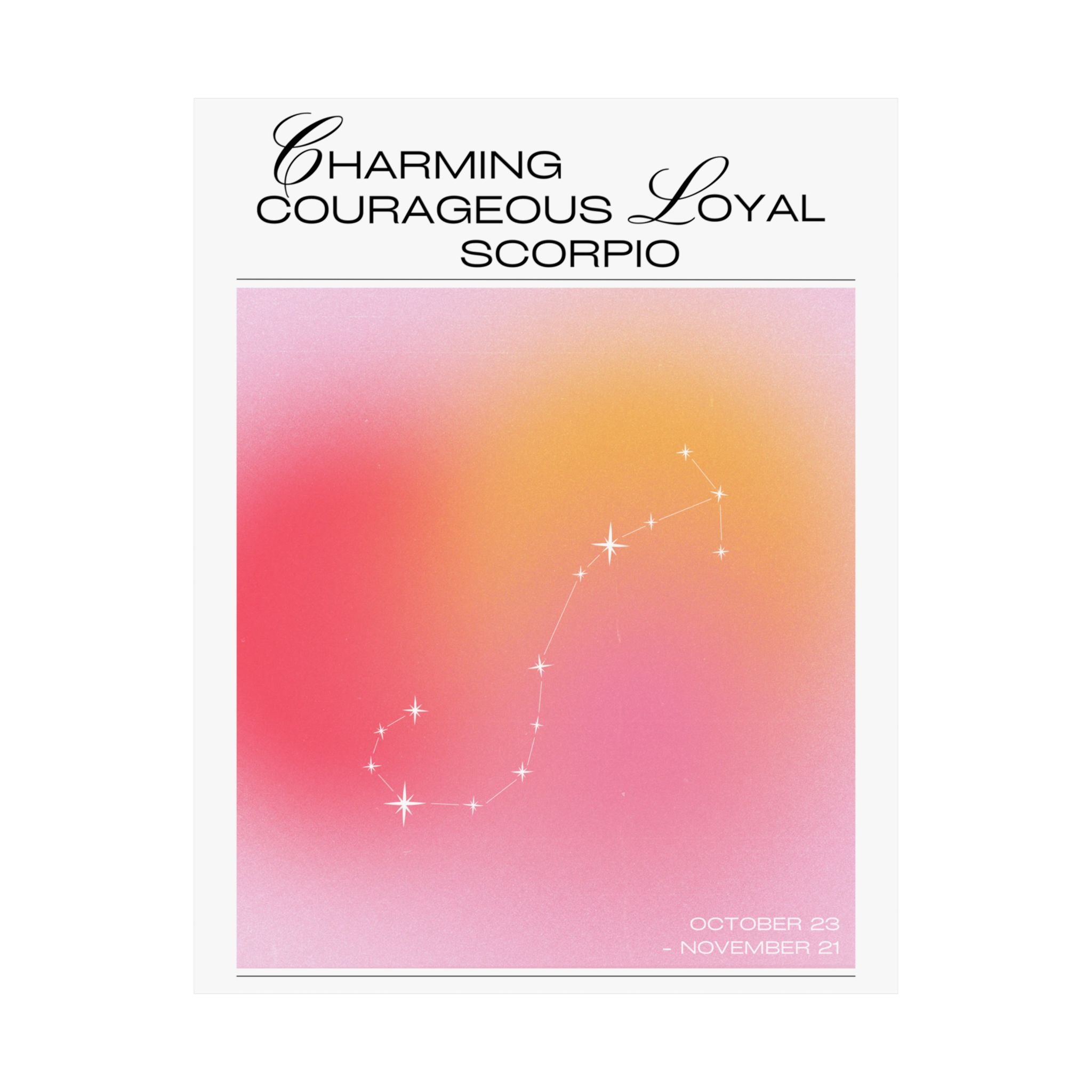 scorpio constellation matte poster — "charming courageous loyal" zodiac wall art Printify