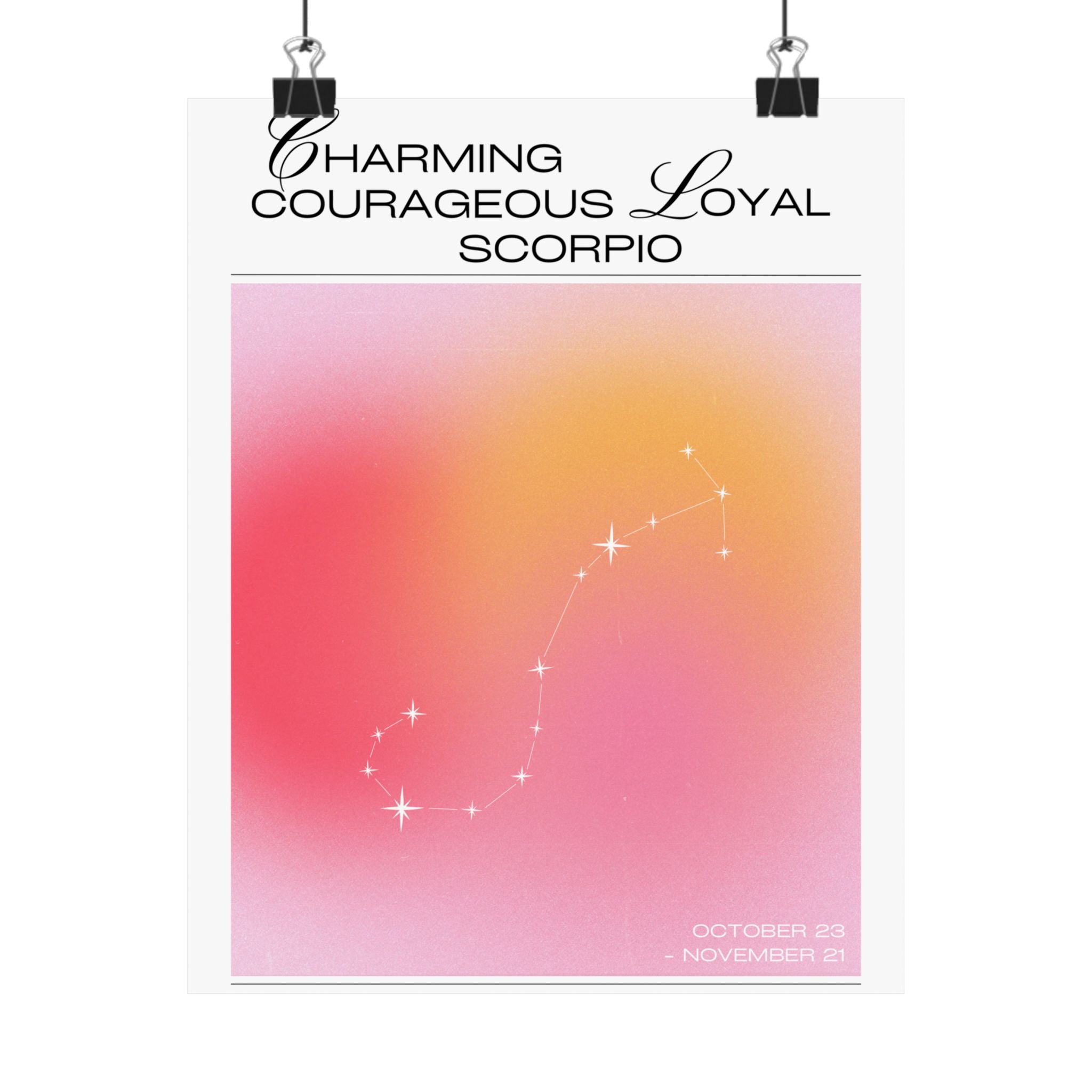 scorpio constellation matte poster — "charming courageous loyal" zodiac wall art Printify