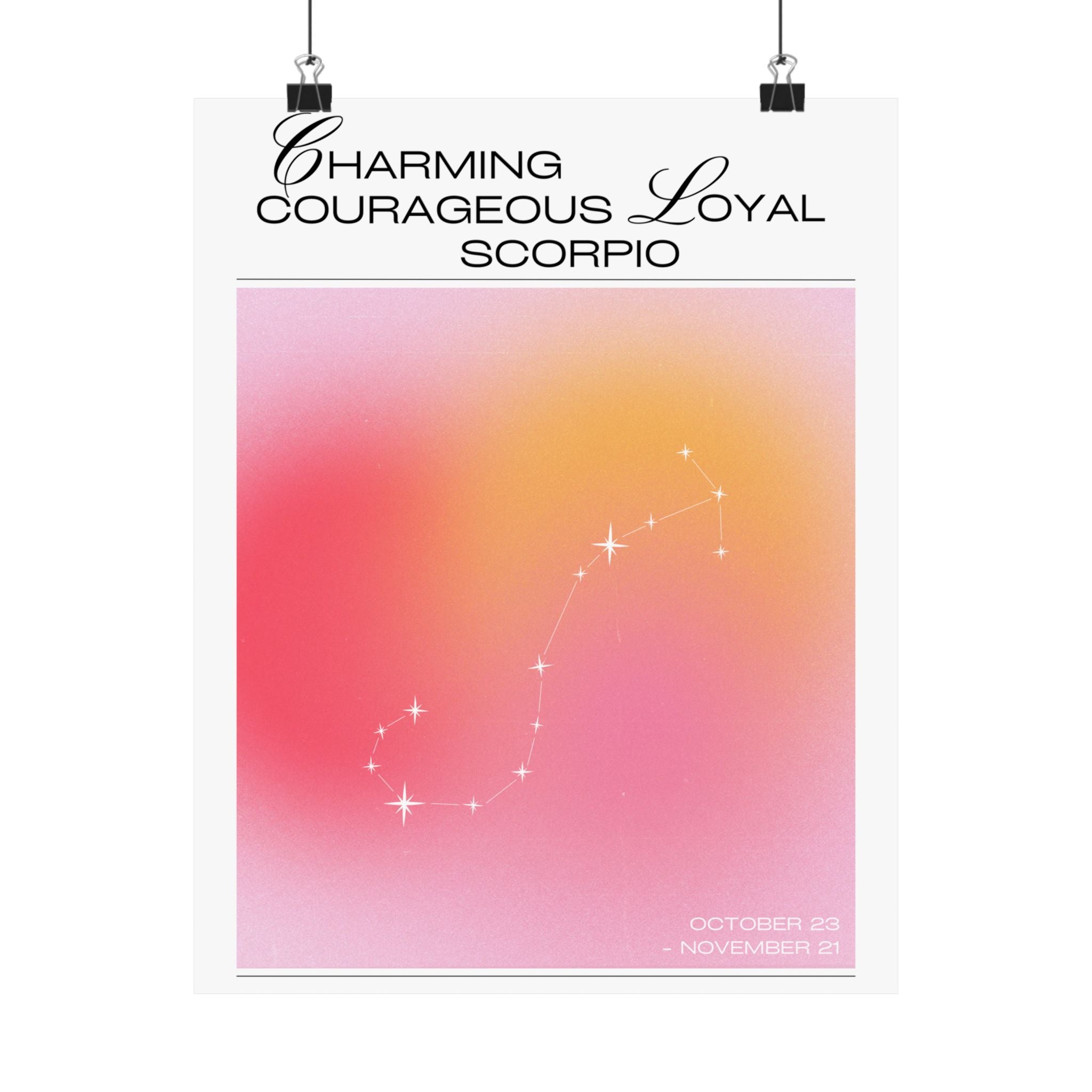 scorpio constellation matte poster — "charming courageous loyal" zodiac wall art Printify