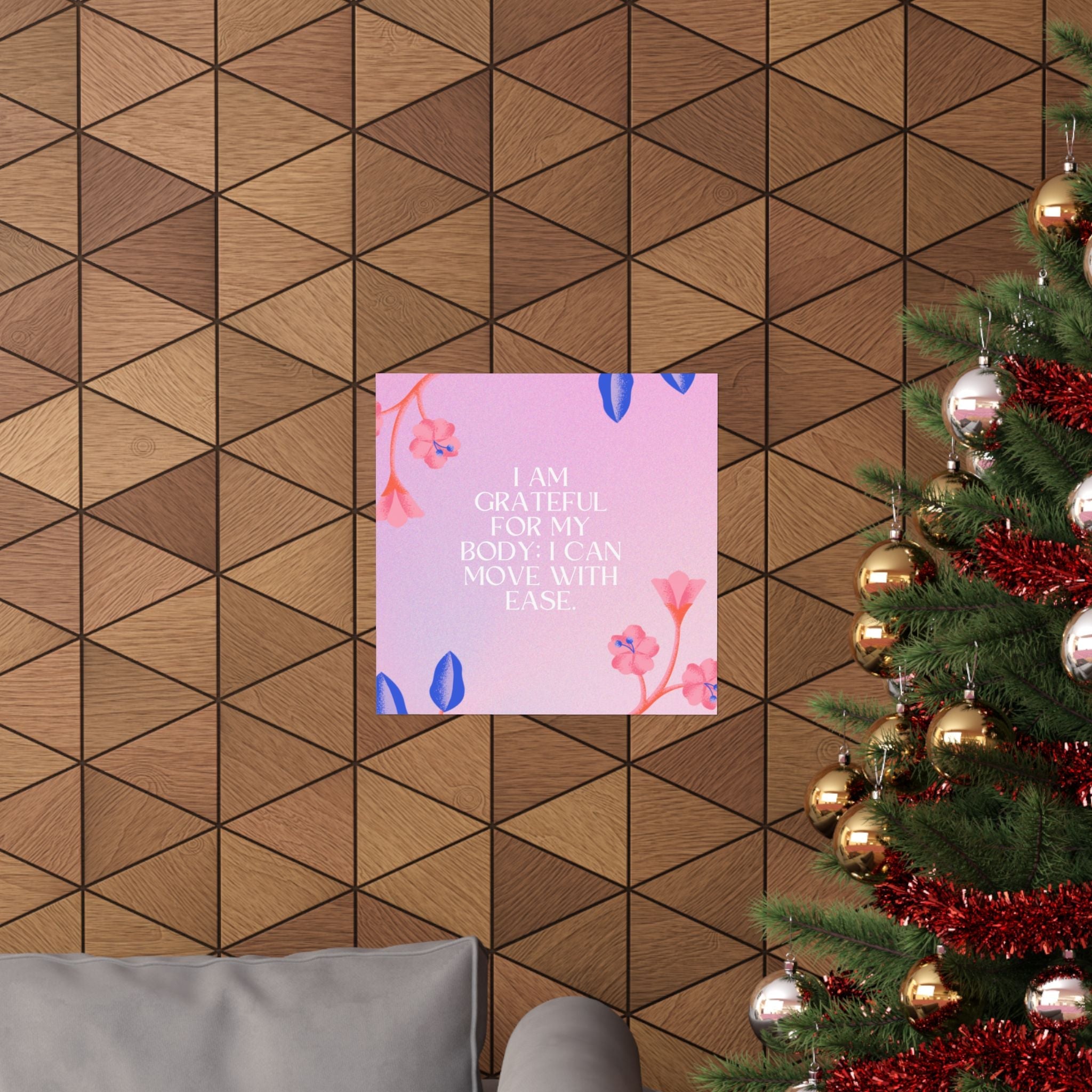 matte poster — "i am grateful for my body: i can move with ease" inspirational floral wall art Printify