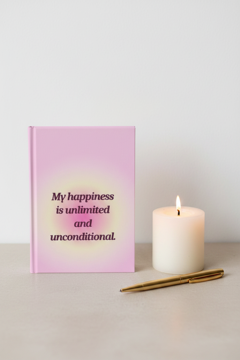 Hardcover Journal — "My happiness is unlimited and unconditional" Pink Affirmation Notebook