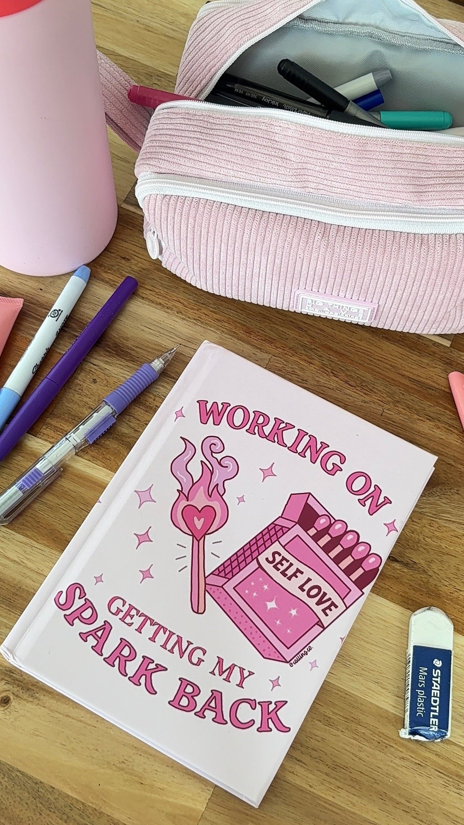 Hardcover Journal — "Working On Getting My Spark Back" Self-Love Pink Notebook for Mental Wellness & Gratitude Printify