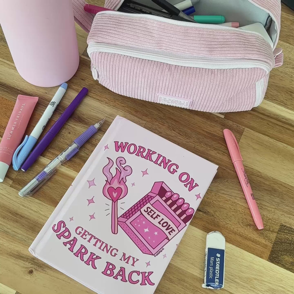 Hardcover Journal — "Working On Getting My Spark Back" Self-Love Pink Notebook for Mental Wellness & Gratitude